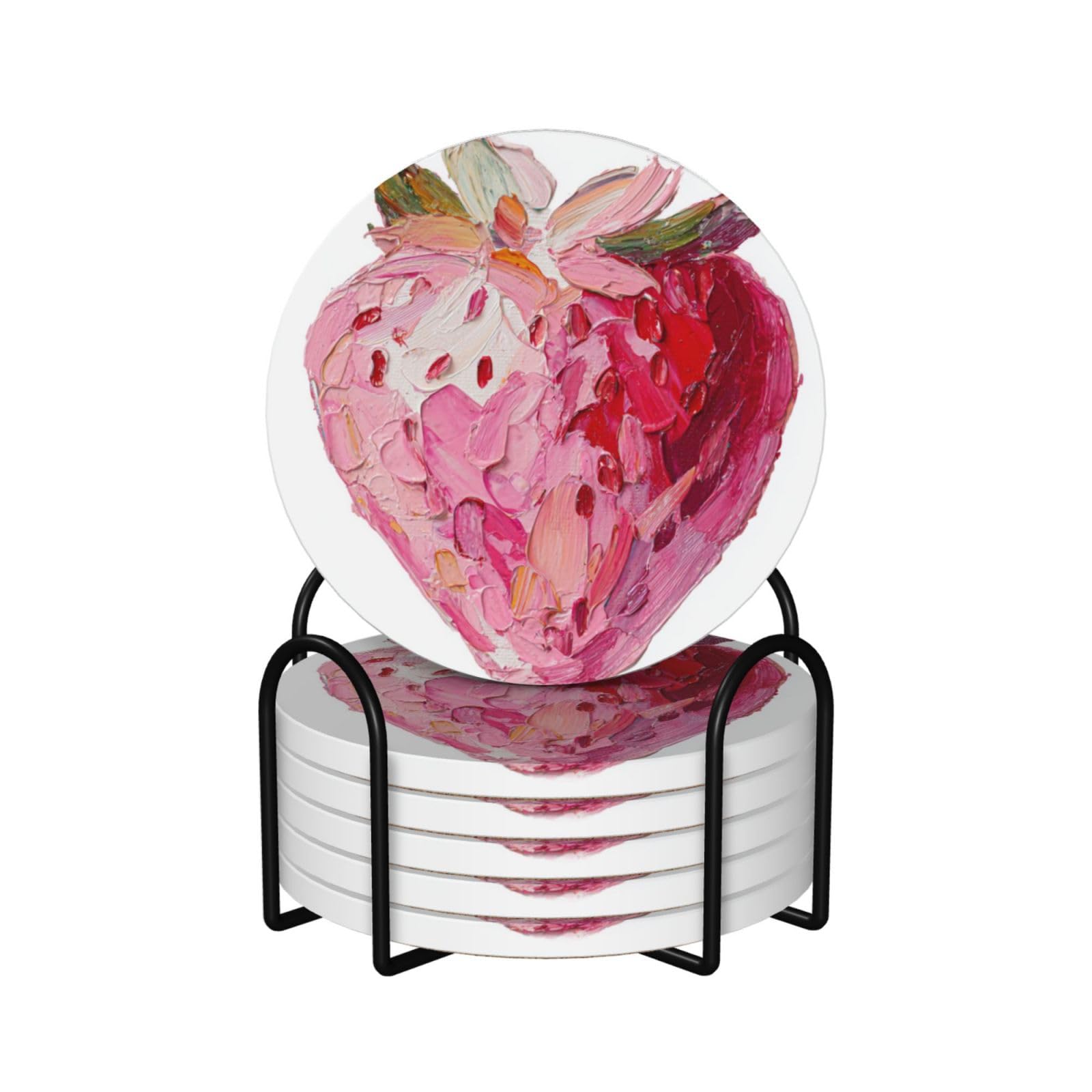 Single Strawberry in Pink Tones Ceramic Coasters with Holder 6ps