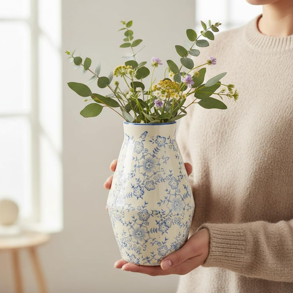 Blue and White Vase - 10 Inch Ceramic Chinoiserie Vintage Vase for Flowers, Decorative Floral Vases Home Decor, Bathroom Shelf Kitchen Living Room Table Centerpiece