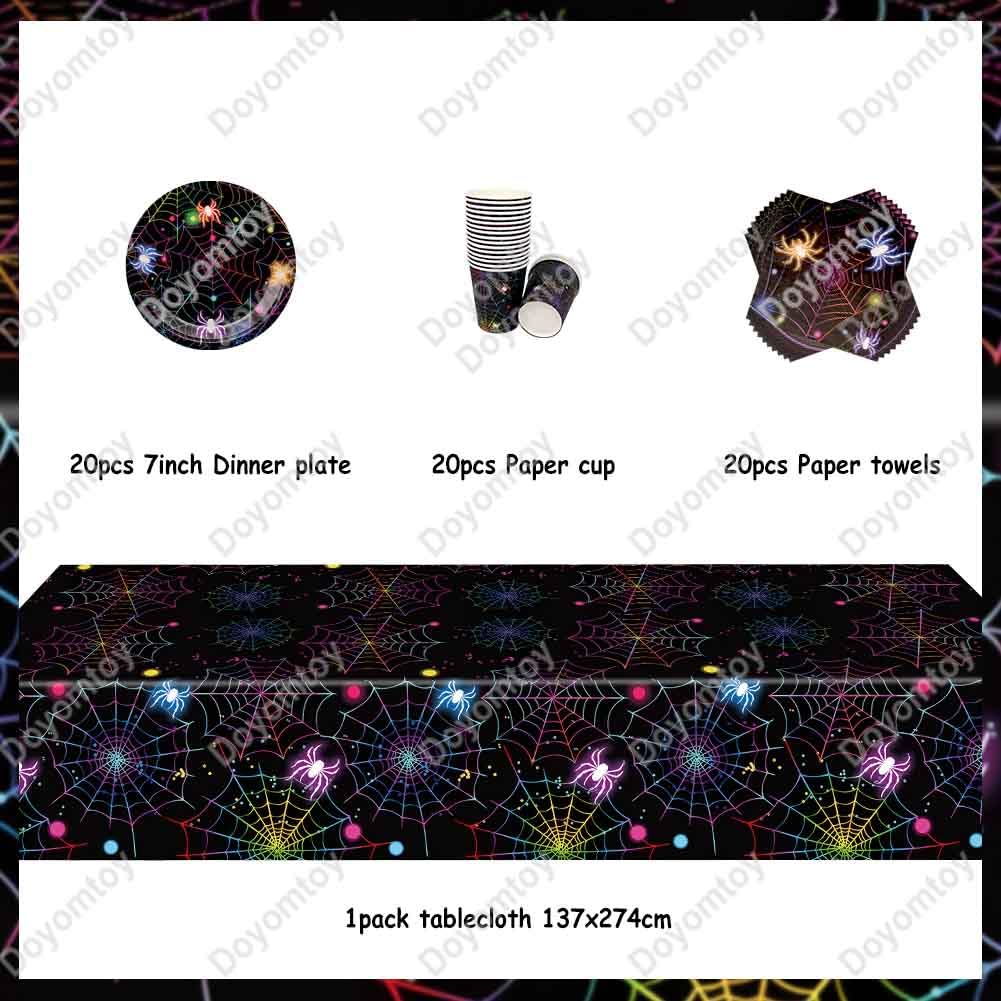 Stoviglie per Feste Halloween,Doyomtoy Ragno Compleanno Decorazioni Piatti di Compleanno, Tazze, Tovaglioli per Bambini Halloween Ragno Decorazioni 20 Ospiti