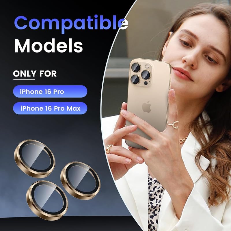 Image of Skinomi Camera Lens Protector Compatible with iPhone 16 Pro / 16 Pro Max [Anti-Scratch] Premium Tempered Glass Film Aluminum Alloy Lens Ring Cover -Desert Titanium