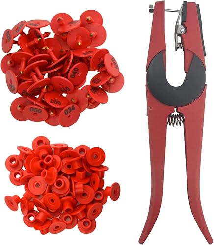 WMYCONGCONG 100 juegos de etiquetas de identificación para ganado, forma redonda, 1-100, numeradas con 1 aplicador de alicates para cabras, ovejas,