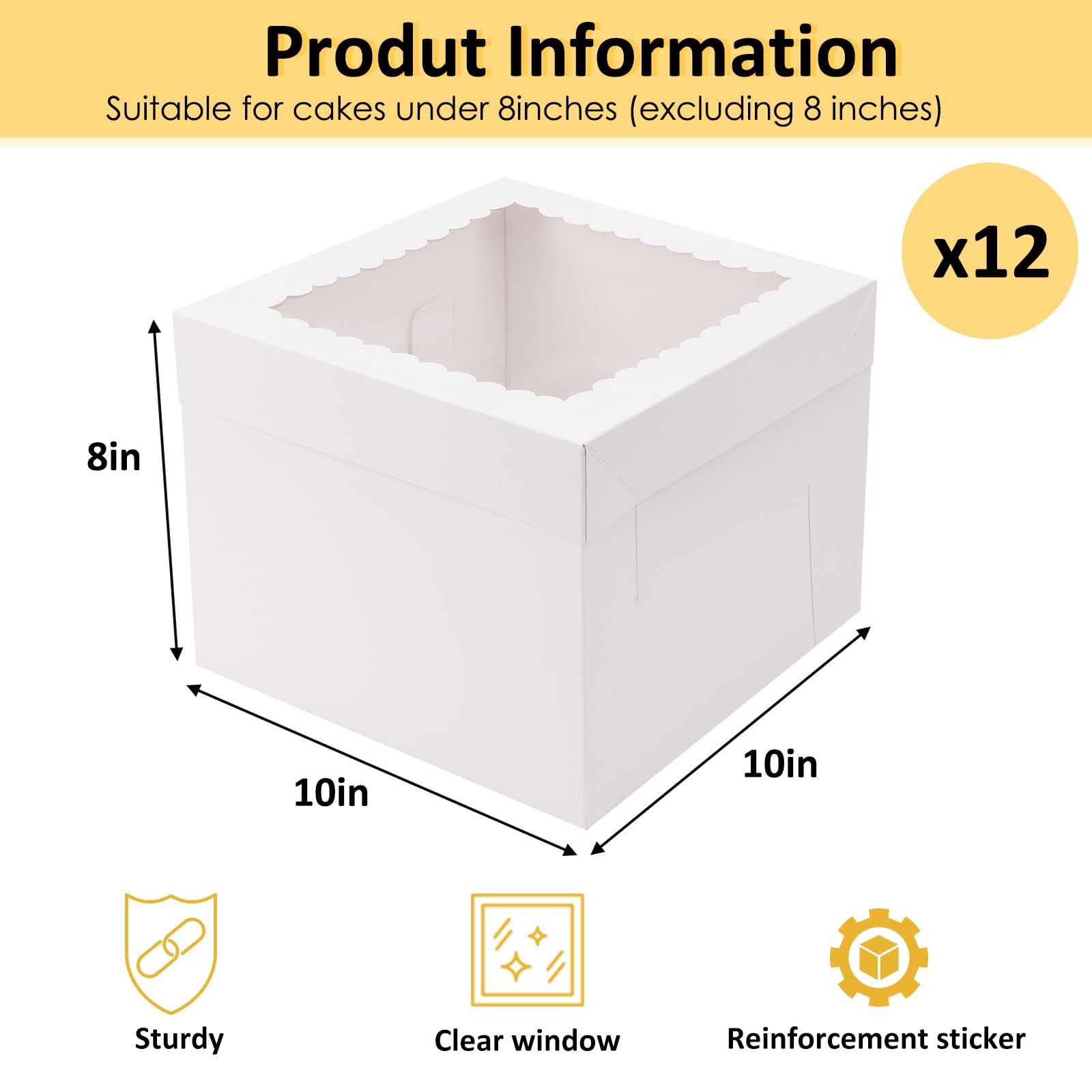 Moretoes 12 cajas para tartas, 10 x 10 x 8 pulgadas de alto con ventana, caja cuadrada para panadería con tapas para donas, pasteles, galletas, bodas, cumpleaños (blanco)