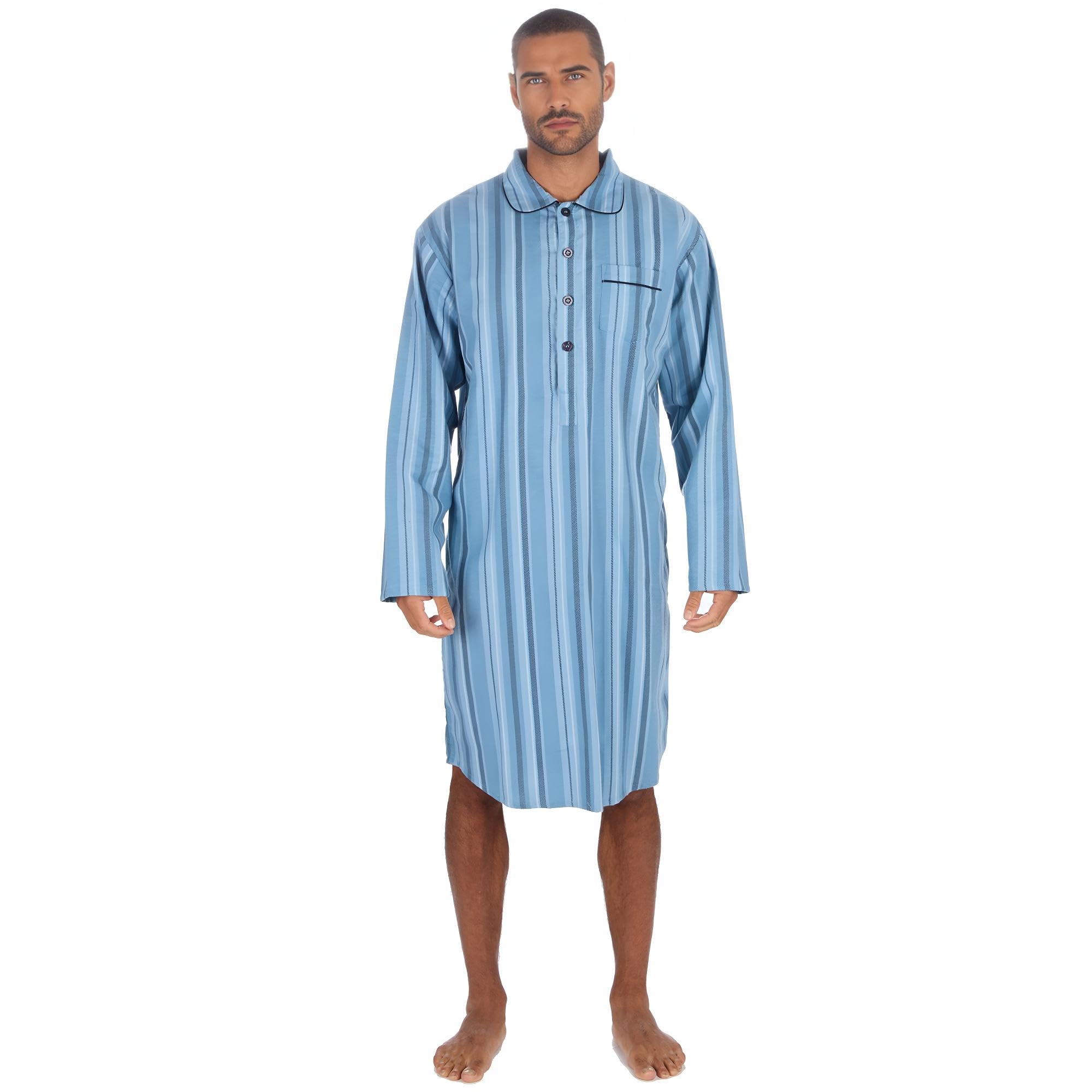 Insignia Men's Denim Stripe Nightshirt 100% Brushed Cotton Flannel Nightwear, Long Sleeve Winter Sleep Shirt, Soft & Warm Nightie (, M)