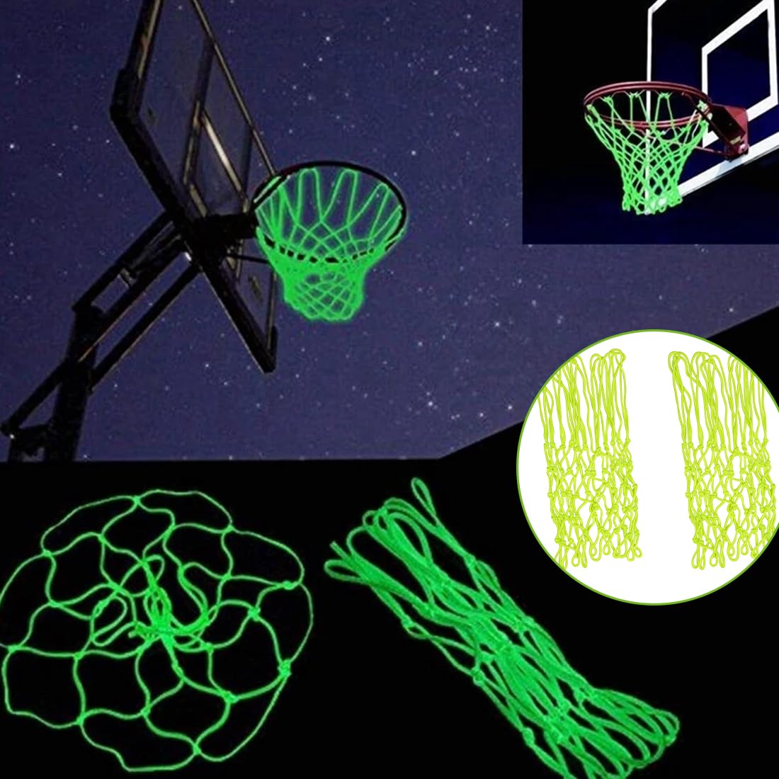 Rete da Basket per esterni, 2 pezzi, rete da Basket in nylon, verde fluorescente, per sport indoor e outdoor, attività notturne