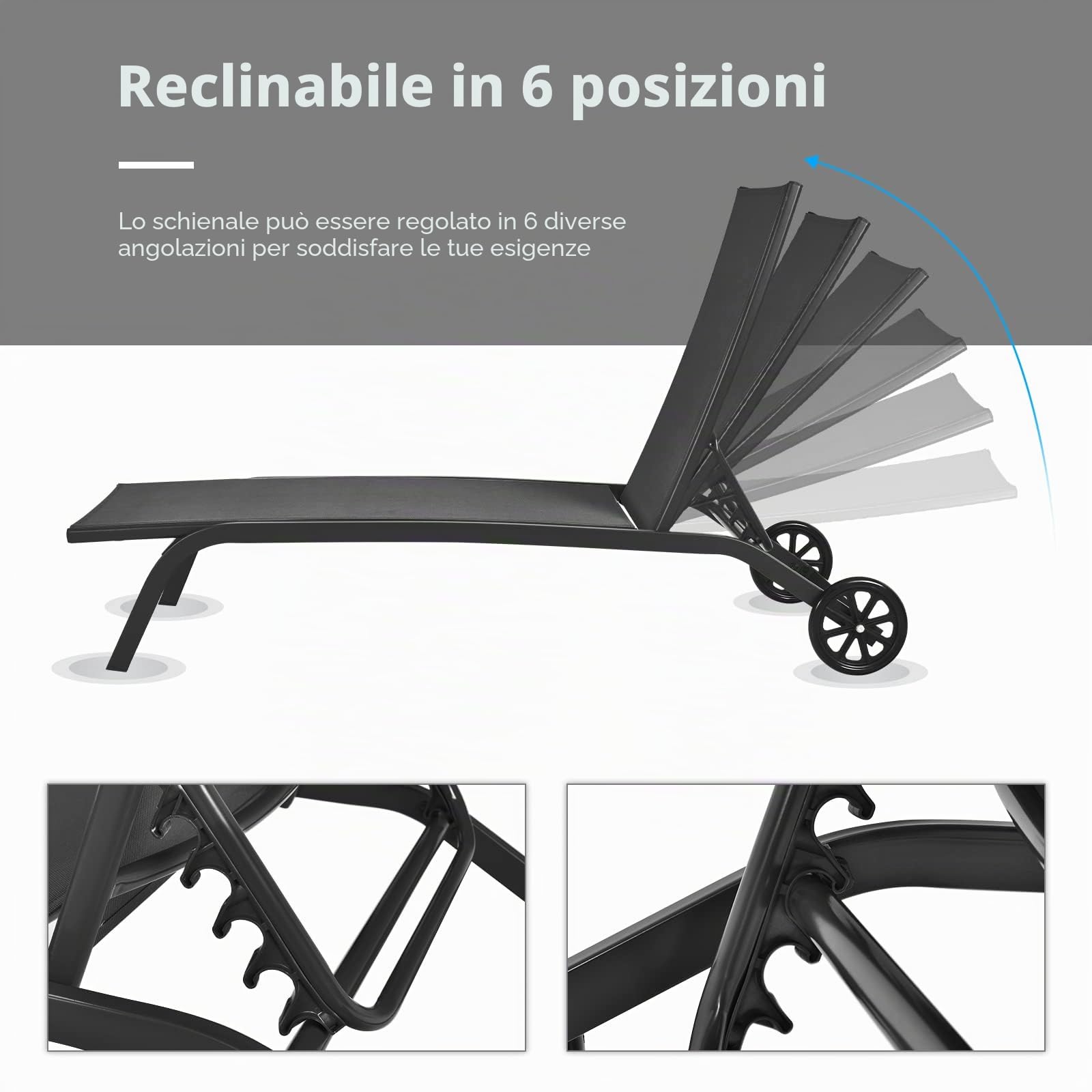 GIANTEX Lettino Prendisole con Ruote, Sedia a Sdraio Regolabile in 6 Posizioni per Giardino, Balcone e Piscina, Portata fino a 150 kg, 191 x 61 cm, 3 Colori (Nero)