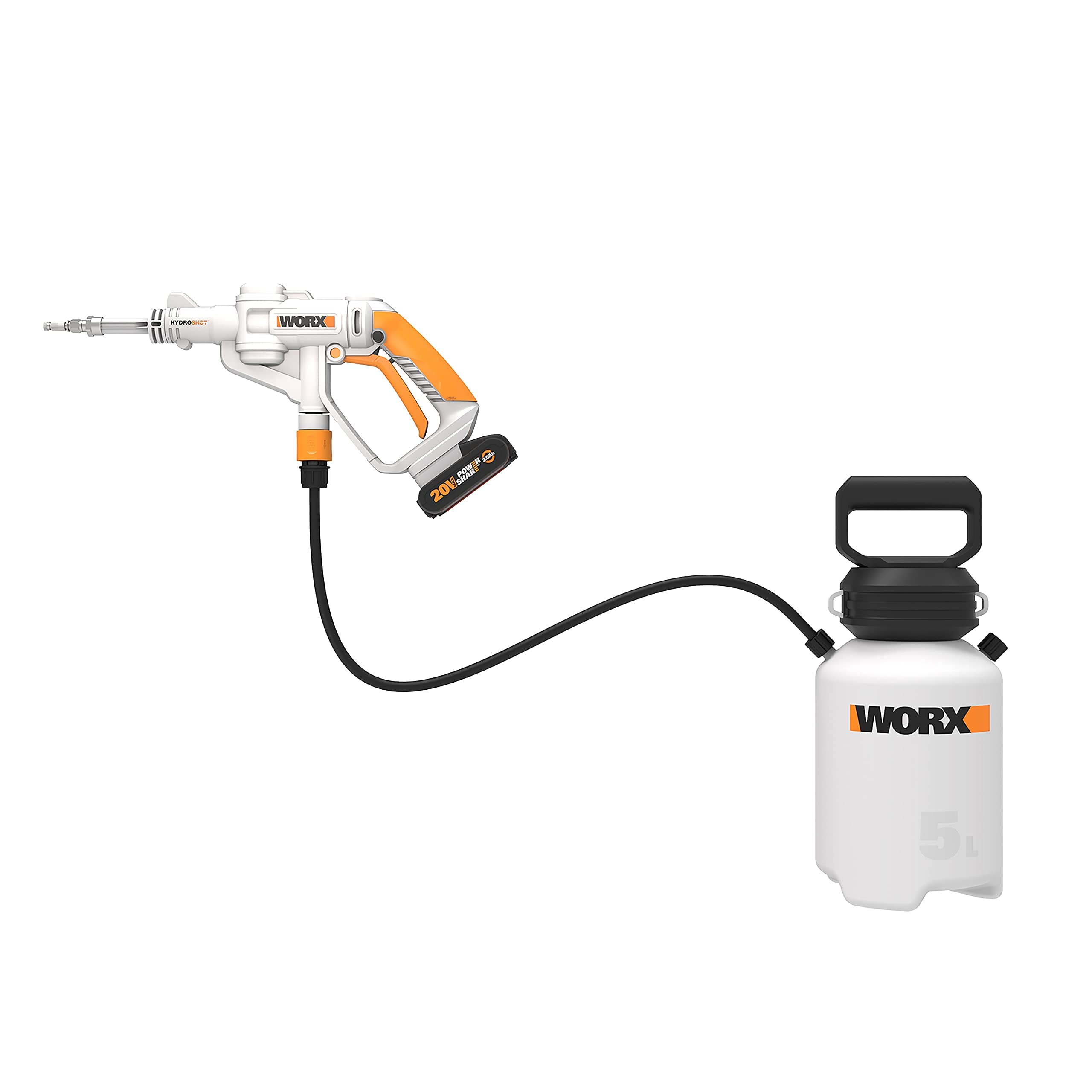 WORX WP651E Hydroshot akumulatorowy opryskiwacz ciśnieniowy 20 V z delikatną mgiełką i zbiornikiem na ramię 5 l – w zestawie akumulator 2 Ah i szybka ładowarka – kompatybilny z PowerShare