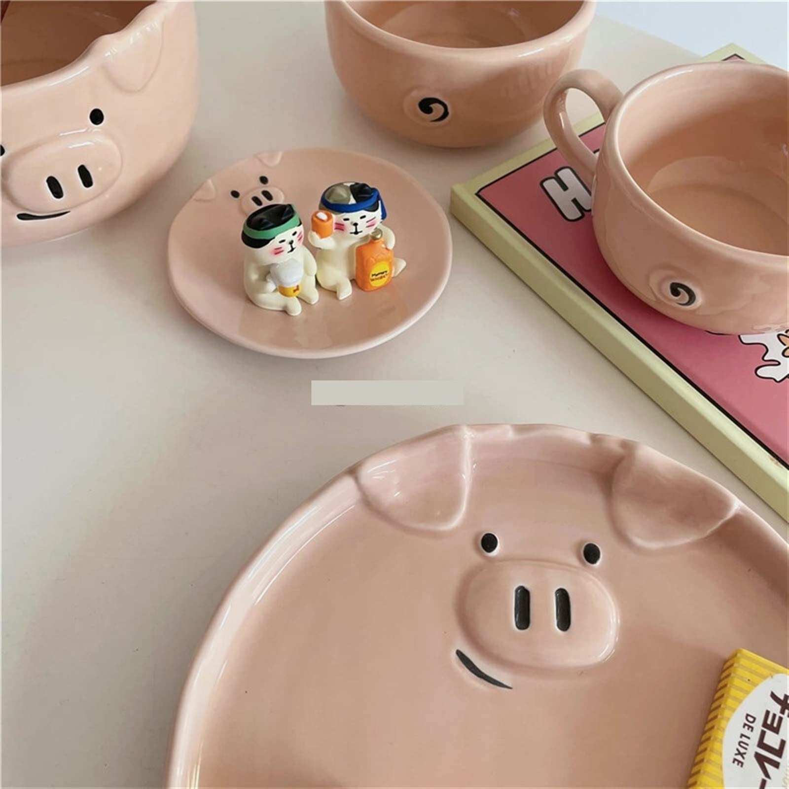 Essteller, Motiv: schönes Mädchen mit Herz, rosa Schwein, Keramik-Essteller, Instant-Nudeln, Schüssel, Frühstücksteller, Kaffeetasse