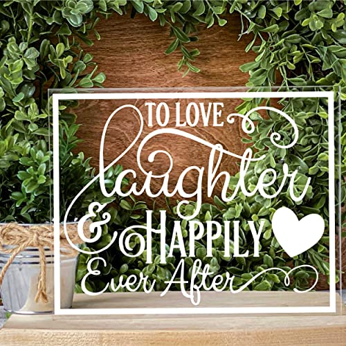 Cheers to Love Laughter and Happily Ever After Wedding Sign for Tabletop, Ceremony and Reception Sign, Engagement Party, Rehearsal Dinner Lucite Decor, Clear Acrylic Sign with Stands, Wedding Décor