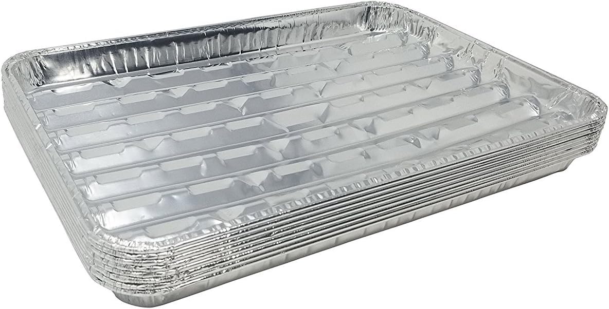 Pack of Disposable Aluminum Broiler Pans – Good for BBQ, Grill Trays – Multi-Pack of Durable Aluminum Sheet Pans – Ribbed Bottom Surface - 13.40" x 9" x 0.85" (10)