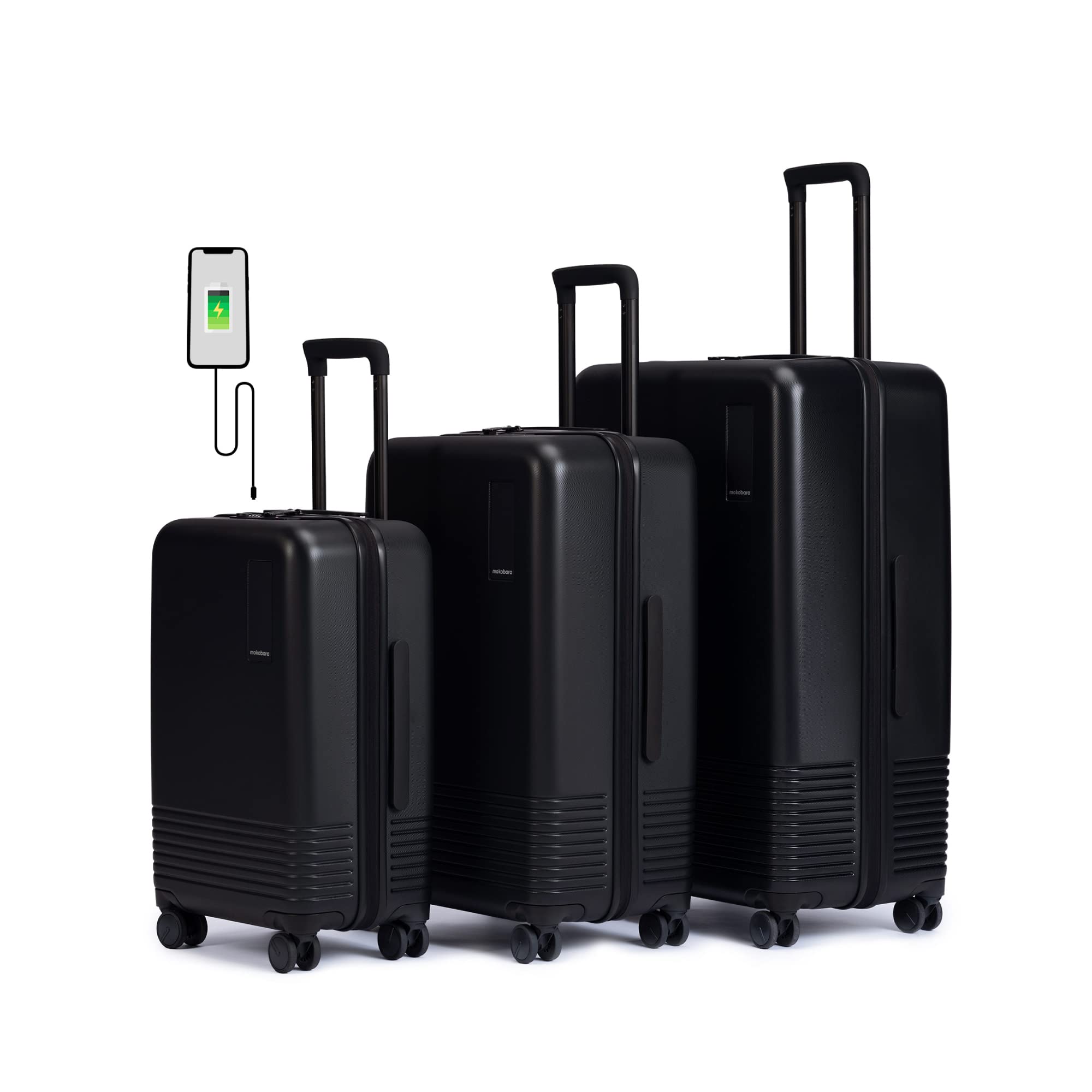 MOKOBARA Iconic Set of 3 Luggage Trolley Bag,Cabin(41L)+Medium(71L)+Large(110L),Polycarbonate Hardshell,Internal Compression System,TSA Lock,8 Silent Wheels,for 30+ Day Trip,Black(Money Moves)