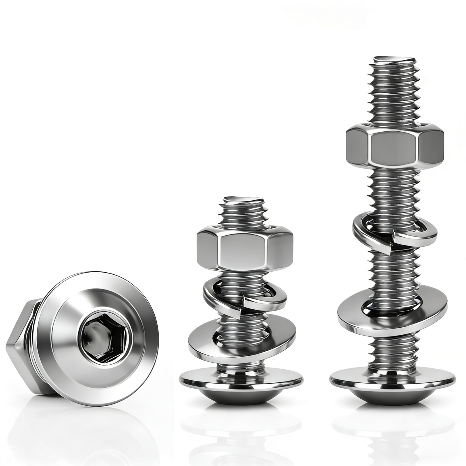 12pcs Bolts M6x35 mm Flanged Allen Nut and Bolt 304 Stainless Steel Allen Screws M6 with Flat Washers, Spring Washers & Hex Nuts for Furniture, Motorcycle & DIY Hardware