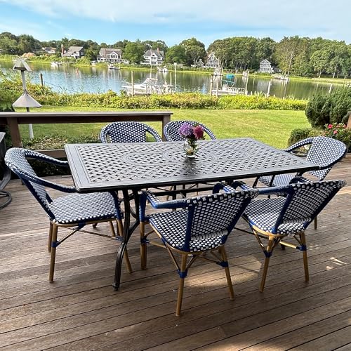 Image of PURPLE LEAF Outdoor French Bistro Arm Chairs Set of 4, Bamboo Finish, Blue