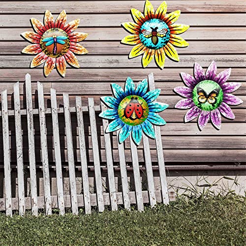 Gaofan Metal Flower Outdoor Wall Sculpture, Bee/Butterfly/Dragonfly/Ladybug On The Flower Core, Hanging Home Decoration, For Bedroom, Living Room, Farmhouse #TOP22