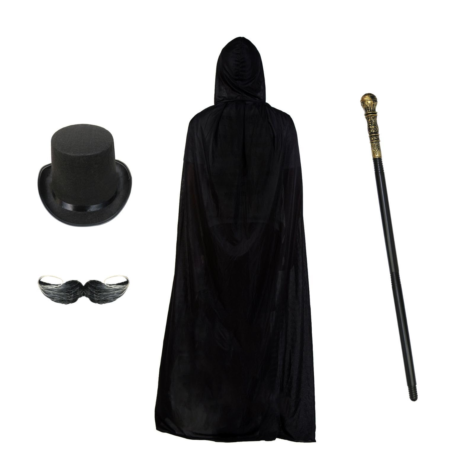 RockParty Steampunk Halloween Costume Set for Adults - Victorian Fancy Dress & Cosplay Kit with Top Hat, Cloak, Walking Cane & Moustache