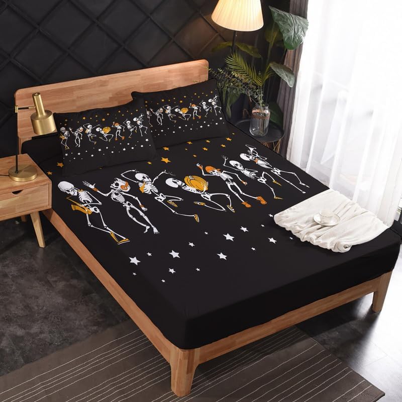 Miniatura 9 de Juego de sábanas California King  Juego de sábanas de murciélago de Halloween para niños y niñas, juego de sábanas espeluznante de bosque de árboles