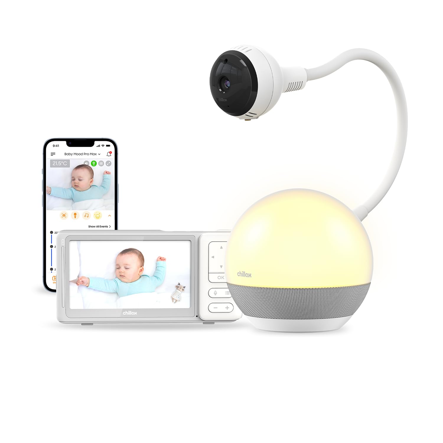 CHILLAX - Babyphone Camera Giraffe Mood Sleep Trainer - Écran LCD HD 5'' - Caméra 360° 1080p - Tige Flexible - Apprentissage du Sommeil & Veilleuse Multicolore - Talkie-Walkie - WiFi on/Off - App