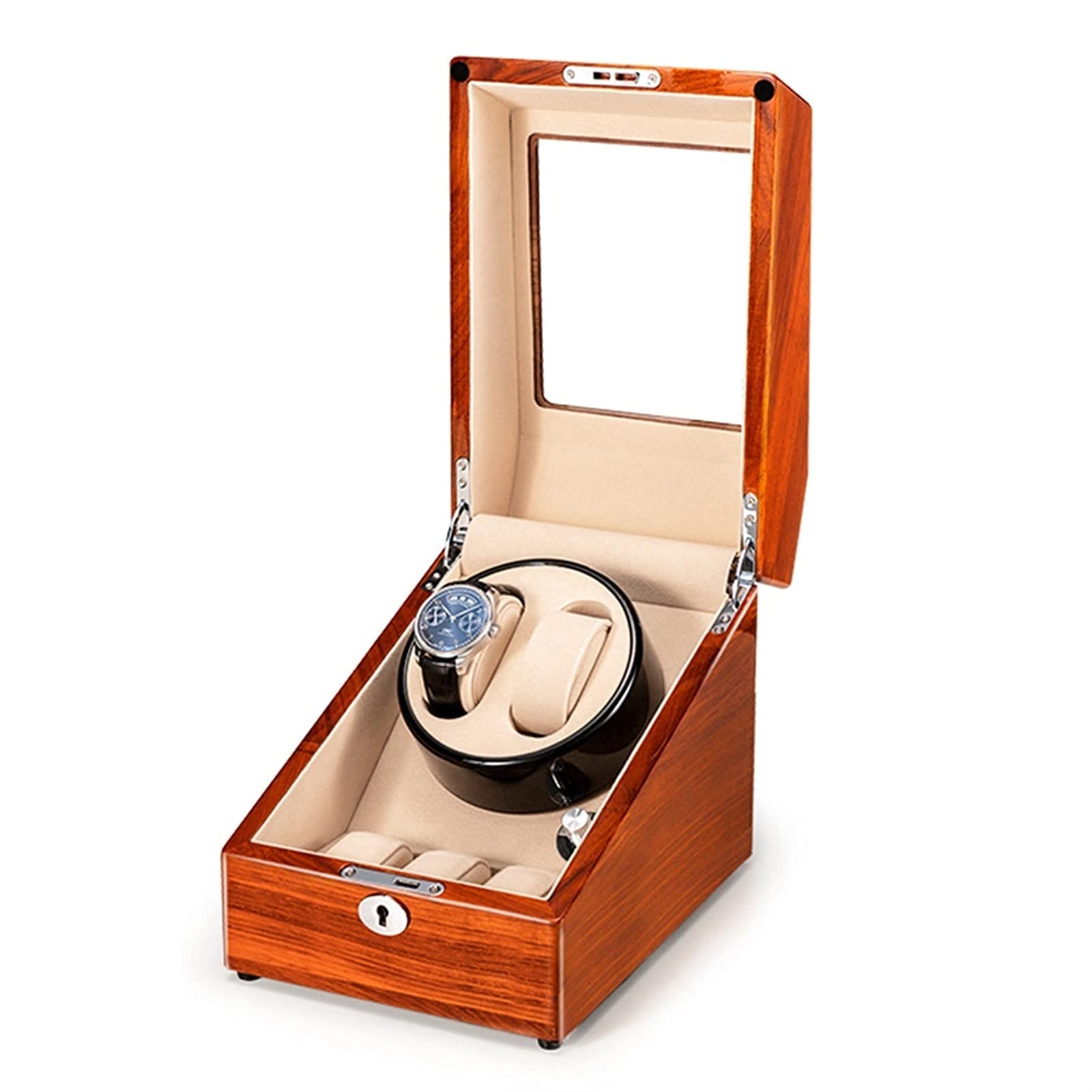 QUSYZD Solid Wood Watch Winder for 2+0/2+3 Automatic Watches, with Super Quiet Motor, 4 Rotation Mode Setting, Fit Lady and Man Watches,Rosewood+beige-2+3