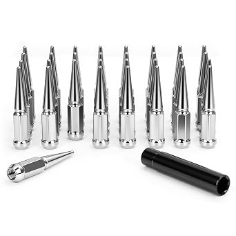 M14x1.5 Spike Lug Nuts, 32pcs 4.4" Chrome Spiked Lug Nut for Chevy Silverado GMC Sierra 1500 2500 3500, Ford F-150 F-250 F-350 8 Lug Aftermarket Wheels, 14 x 1.5 Spike Lugs with 1 Socket Key
