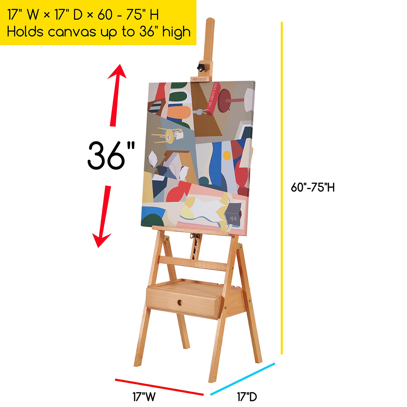 MEEDEN Caballete Profesional de Estudio con Cajón, de Madera de Haya Sólida, Altura Ajustable 147-190cm, Inclinación Frontal, para Lienzos hasta 94, cmpara Artistas