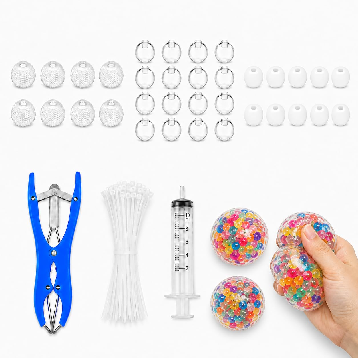 FOOGWEE Kit de recharge de balles anti-stress vides, 30 pièces de 6 cm avec outil d'extension, seringue de retrait d'air et 40 attaches zippées, transparentes, blanc laiteux et texturées