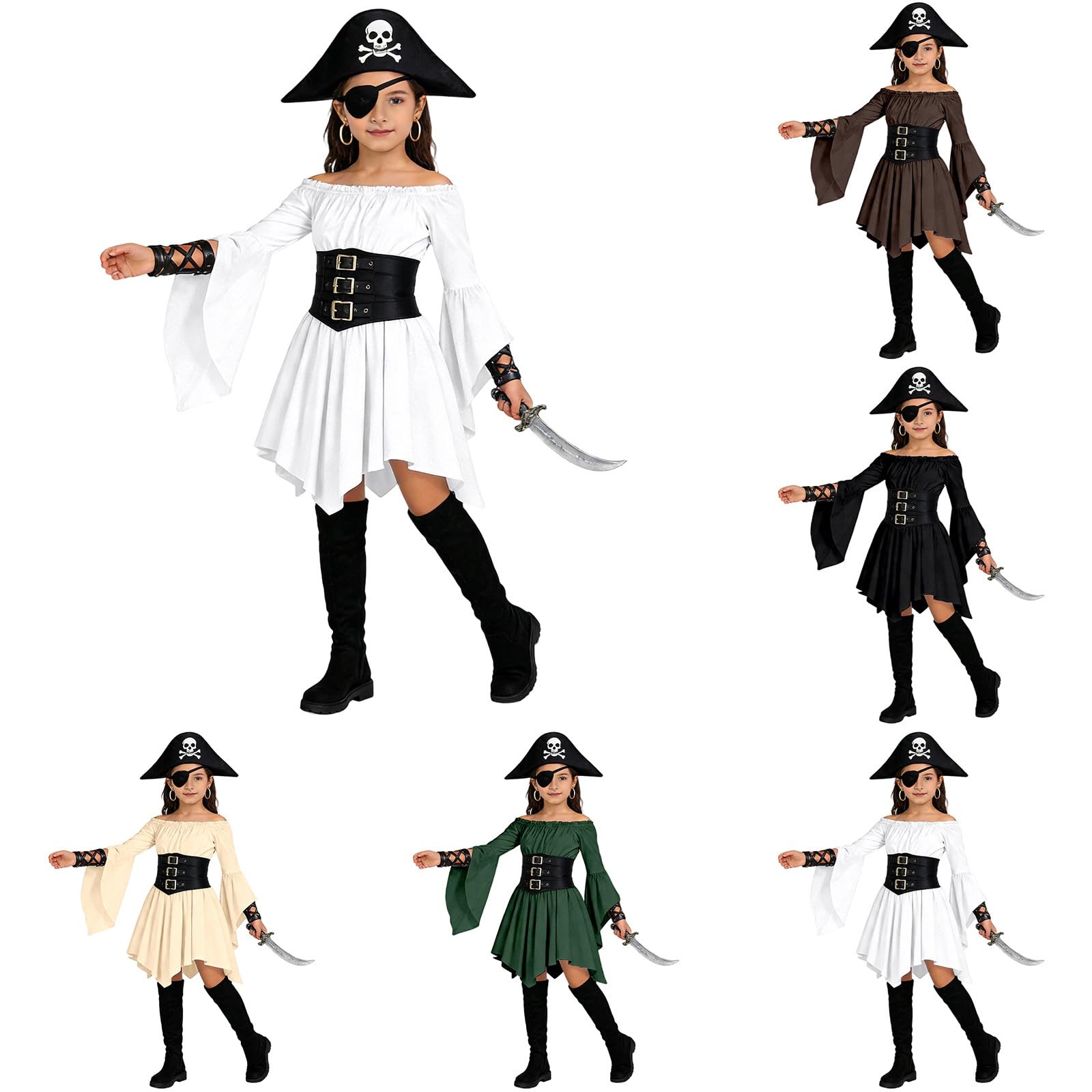 Feelcrag Pirate Costume Girls White Dress Puff Sleeve Off Shoulder Corset Romper Dresses Flowy Layered Jumpsuit Playsuits Girls Medieval Renaissance Asymmetry Hem Vintage Victorian Gothic Dresses
