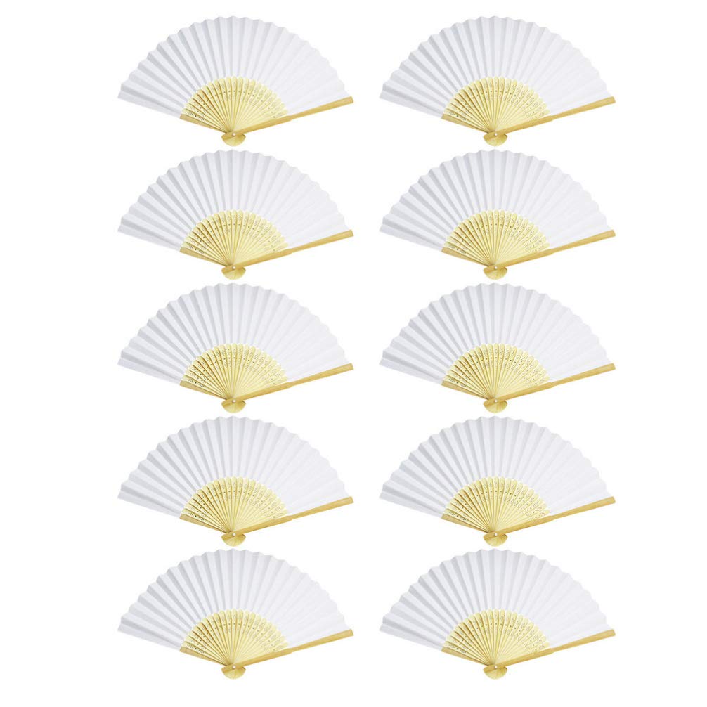 NUOBESTY 10pcs DIY Paper Folding Fans Handmade Wood White Paper Hand Fan Folded Fan for Home Wedding Party Decoration Gift