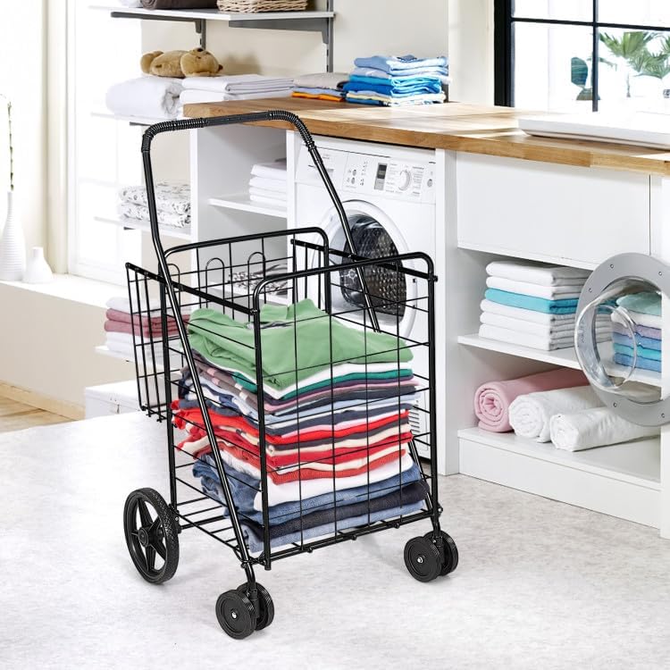 Miniatura 8 de Safeplus Carrito de compras plegable, carrito utilitario resistente con ruedas giratorias y cesta doble, carrito de comestibles para comestibles,