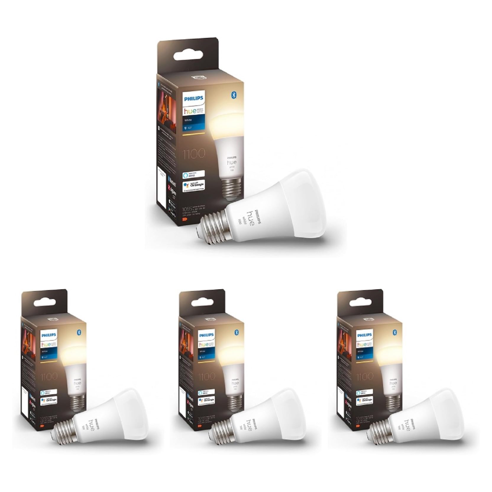 Philips Hue White, ampoule LED connectée E27, équivalent 75W, 1100 lumen, compatible Bluetooth, fonctionne avec Alexa, Google Assistant et Apple Homekit (Lot de 4)