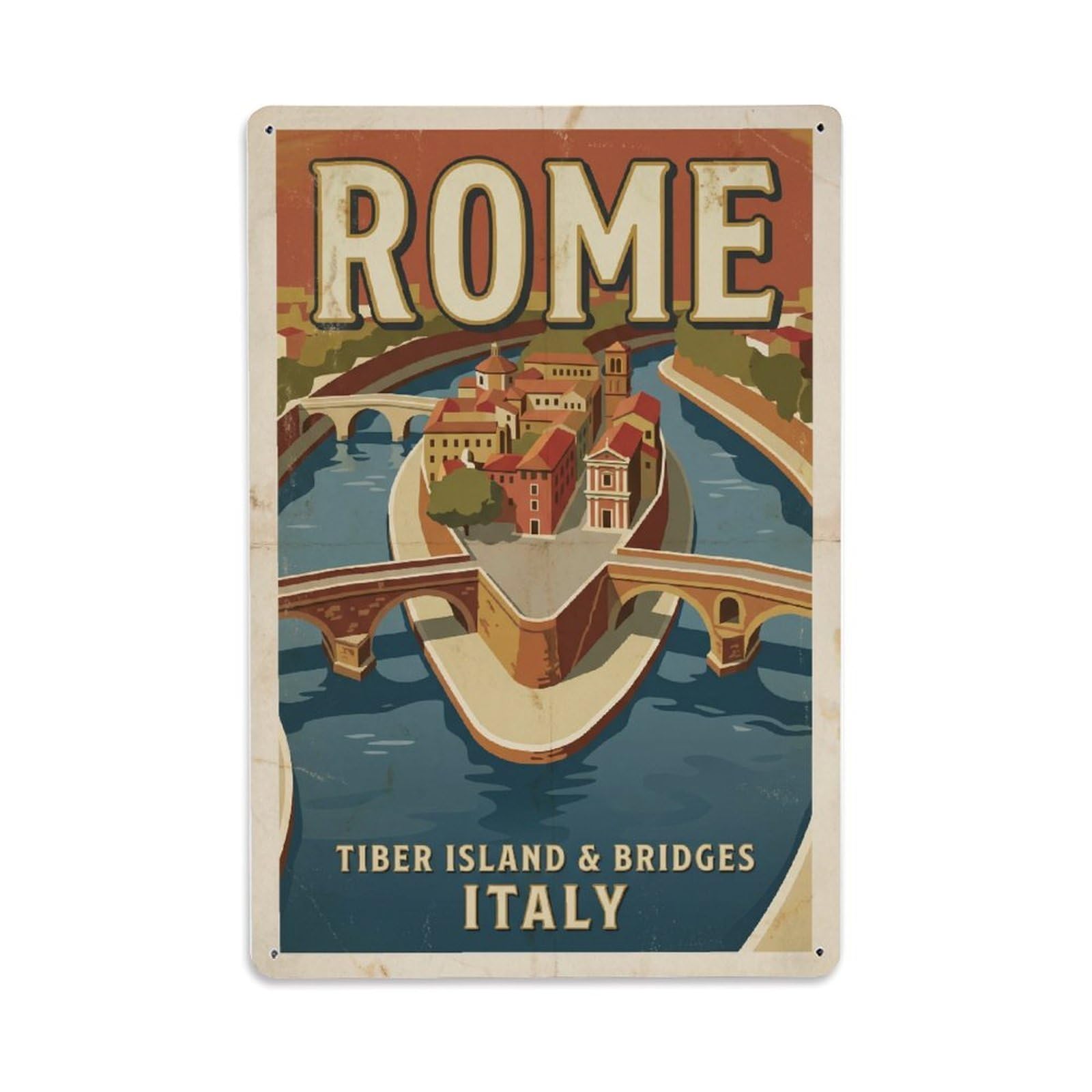 Vintage Travel Rome Tiber Island River Historic Bridge Rusted Italy Metal Tin Sign Plaque Wall Decor for Cafe, Club Bar, Office, Home Garden Metal Poster 8x12Inch