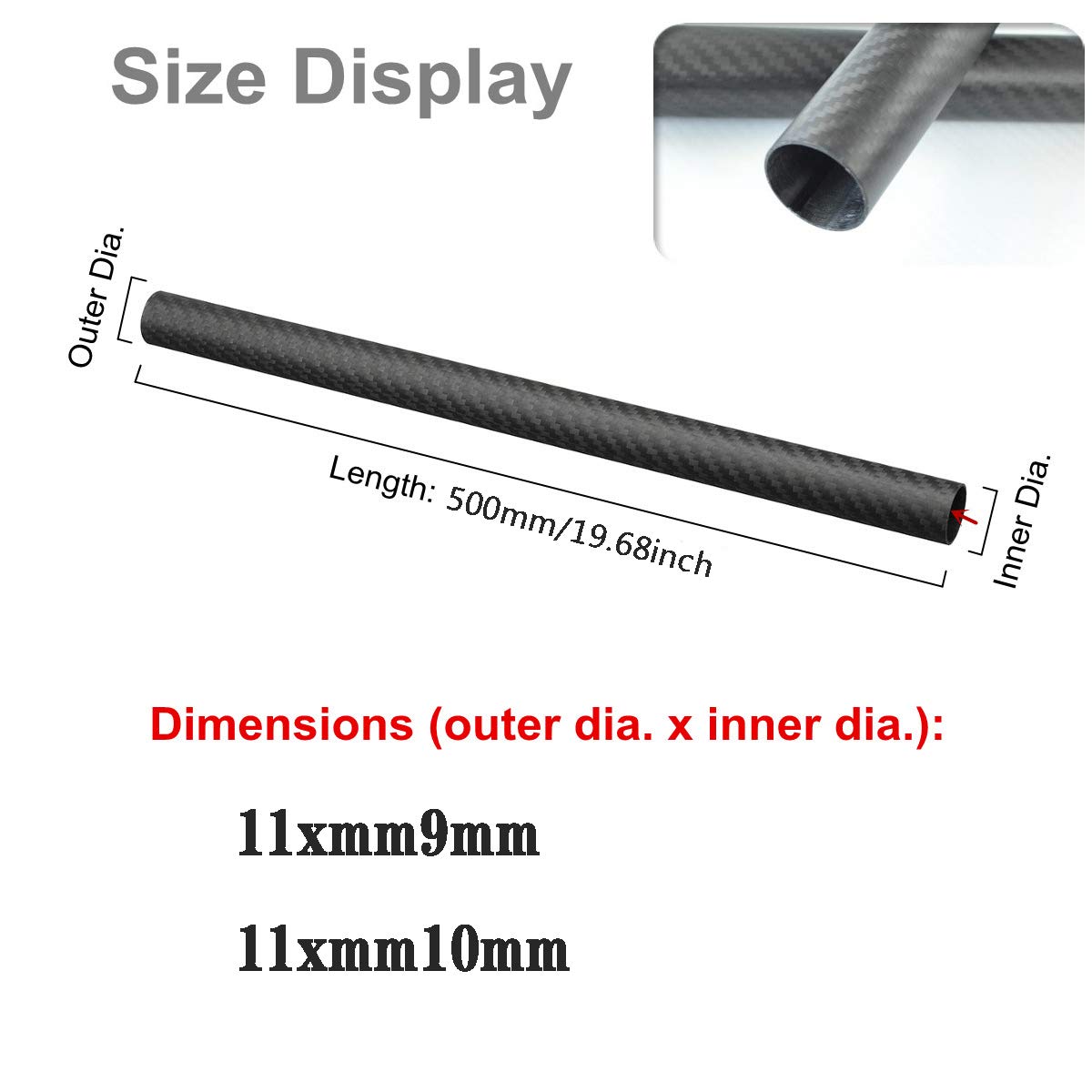 SOFIALXC 3K Carbonfaser-Rohr – 500 Mm, 10 Mm Außen-Ø, 9 Mm Innen-Ø – Matt, Glatt – Für RC-Modelle & DIY (2 Stück)