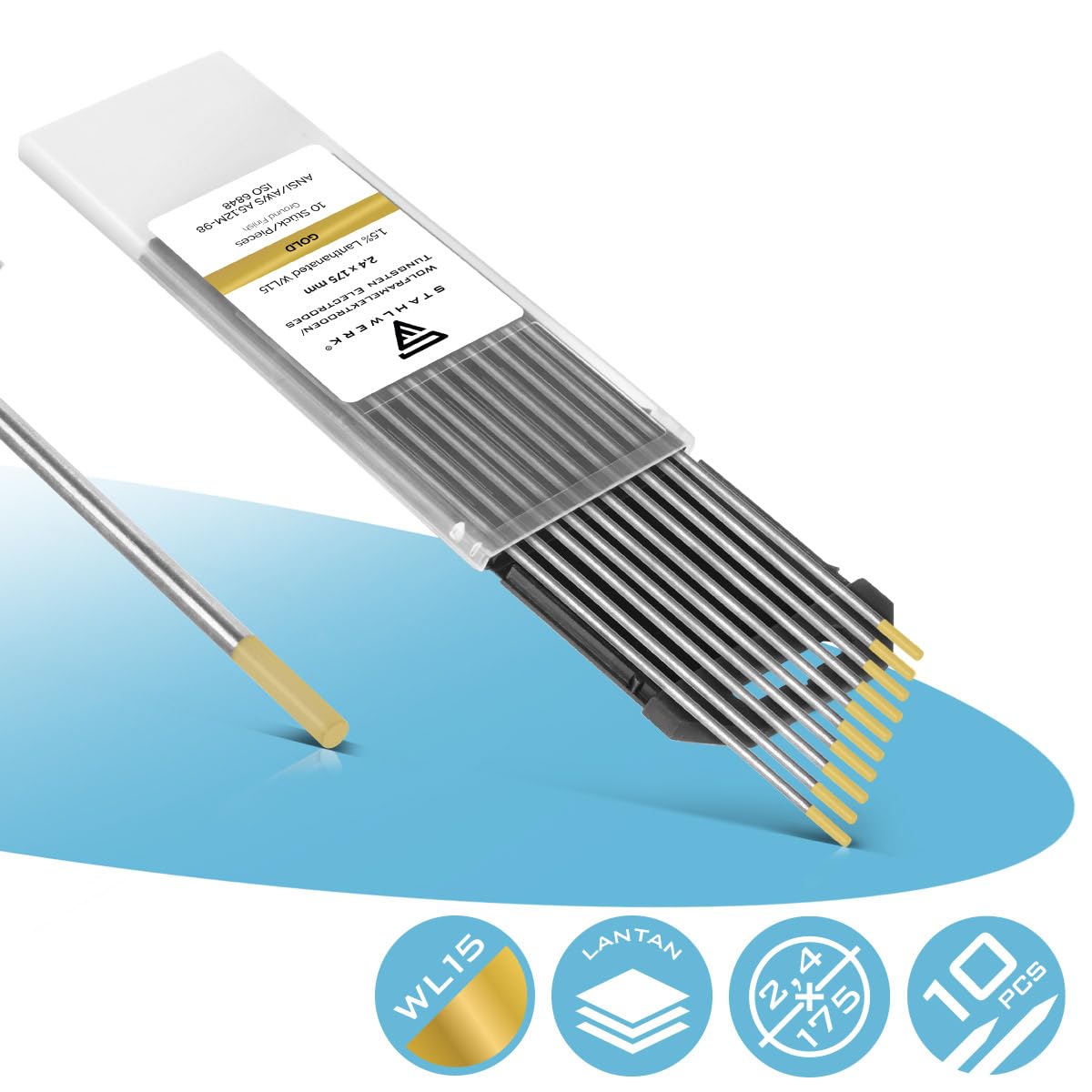 STAHLWERK Wolframelektroden WIG Ø 2,4 x 175 mm – WL15 Gold – 10 Stück, Schweißelektroden, langlebig, stabil und belastbar, für Stahl, Edelstahl, Alu, Kupfer, universell für alle gängigen WIG-Geräte