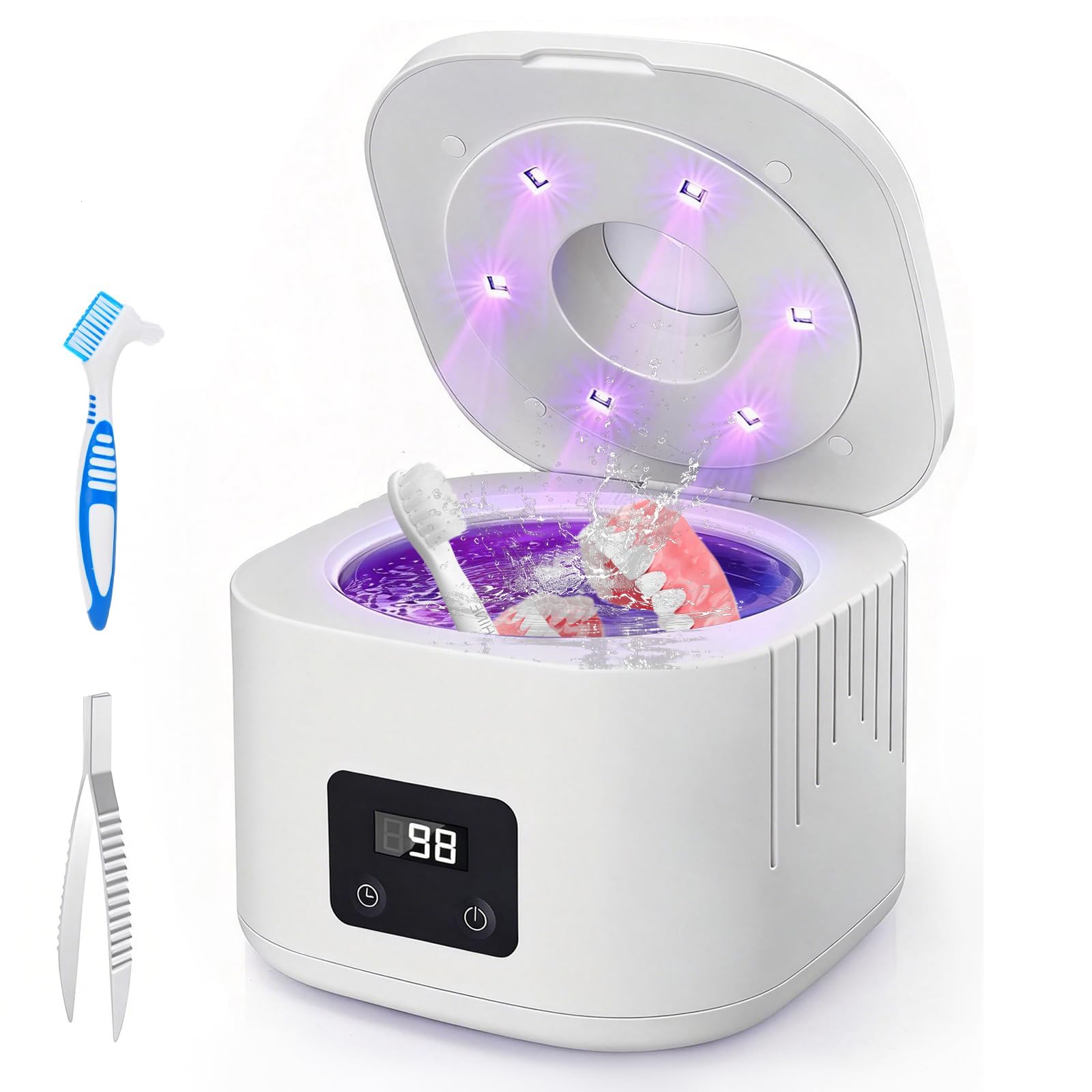 Nettoyeur Ultrasons, 490000Hz Bac Ultrasons avec Lampe UV et 3 Modes (180s/300s/600s),340ML Ultrasonic Retainer Cleaner Dental Pod Dentaire,avec une brosse et une pince,pour Prothèses Dentaires, Gou
