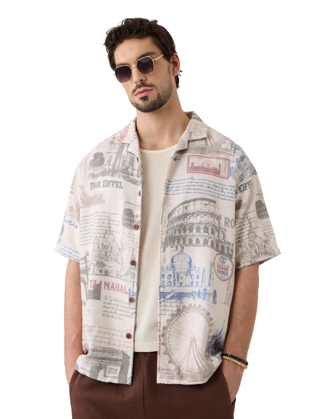 The Souled Store Camisa hawaiana: Monuments - Camisa de manga corta para hombre y niño, cuello con botones frontales, color gris, estampado en toda la superficie, mezcla de poliéster, ajuste grande