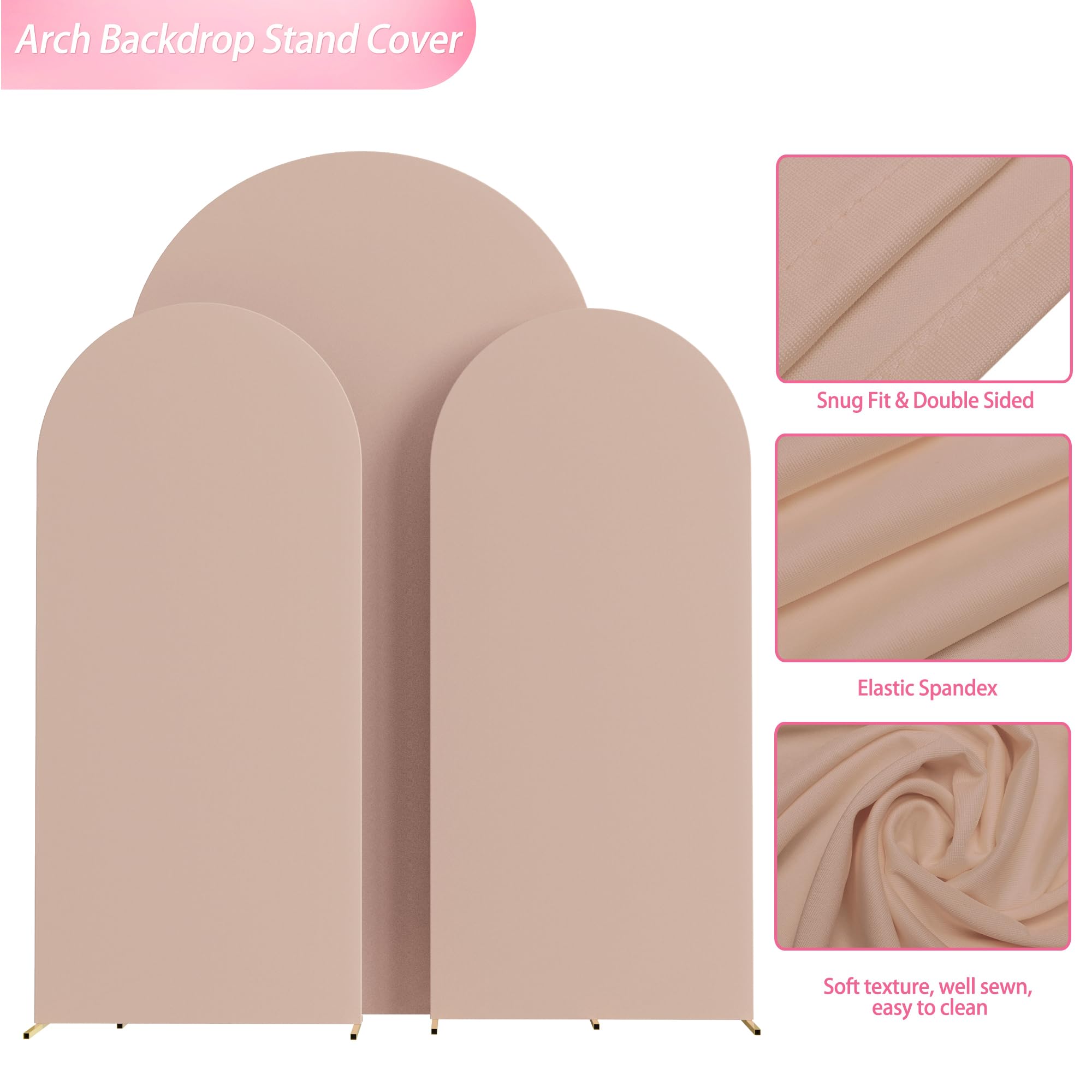 Wokceer Wedding Arch Cover 7.2FT, 6FT, 6FT Spandex Set of 3 Wedding Arch Stand Covers Round Top Chiara Arch Backdrop Stands Cover for Birthday Party Ceremony Banquet Decor Nude