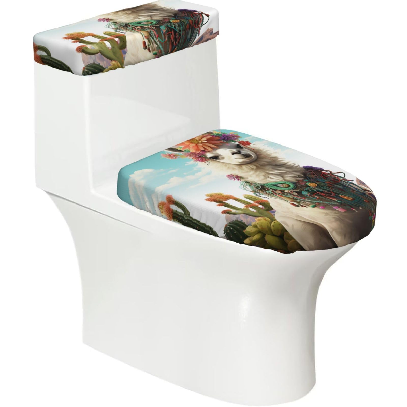 Fodpand Black Mexican Llama Cactus Toilet Lid Cover And Toilet Tank Cover Set, Washable Soft Toilet Seat Cover With Elastic Bottom, Universal Stylish Toilet Cover Set For Bathroom Decor Accessories