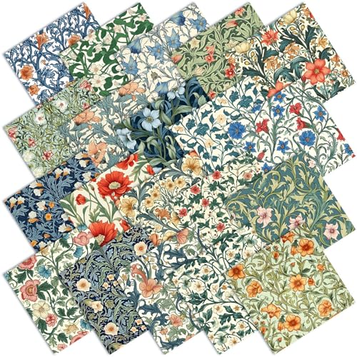 Ganeen 60 Pcs 10 x 10 Inch William Morris Floral Quilting Fabric Squares Vintage Floral Fat Patchwork Precut Strips Retro Multicolor Fabric Bundles for Holiday DIY Craft Sewing Quilt Material Handmade