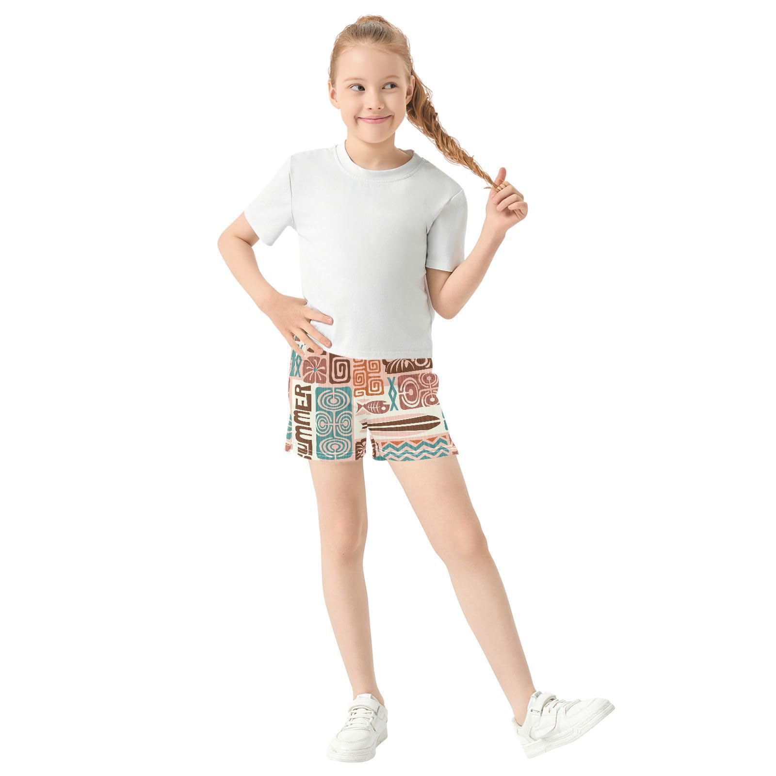 pnyoin Girl's Shorts Vintage Summer Print Athletic Running Shorts with Pockets Size 12-13t Multi
