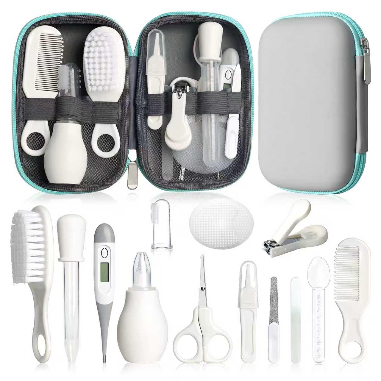 Qunlions life Baby Gesundheitswesen und Pflegeset, Säuglingssicherheitspflege Set mit Haarbürste, Kamm, Nagelknipser, Baby Essentials Kit für Neugeborene Mädchen Jungen (Grau14 in 1)