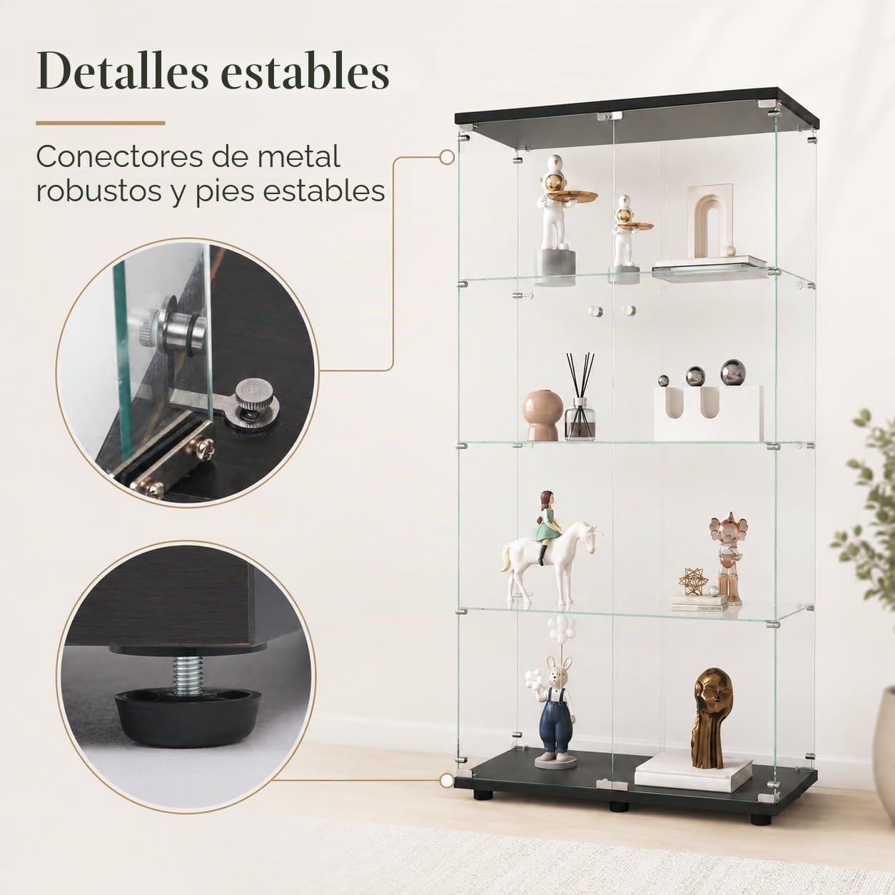 Vitrina de cristal con 4 estantes con puertas dobles, vidrio templado, armario Curio con cerradura, vitrina de colección, estantería de pie para sala de estar o dormitorio (negro sin luz)