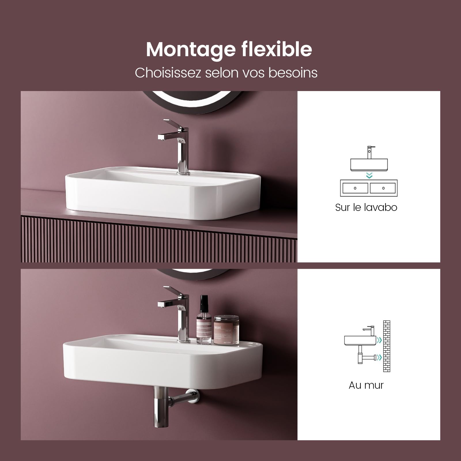 EMKE Lavabo Rectangular 70x40x11 cm Cerámica Blanco Baño WC