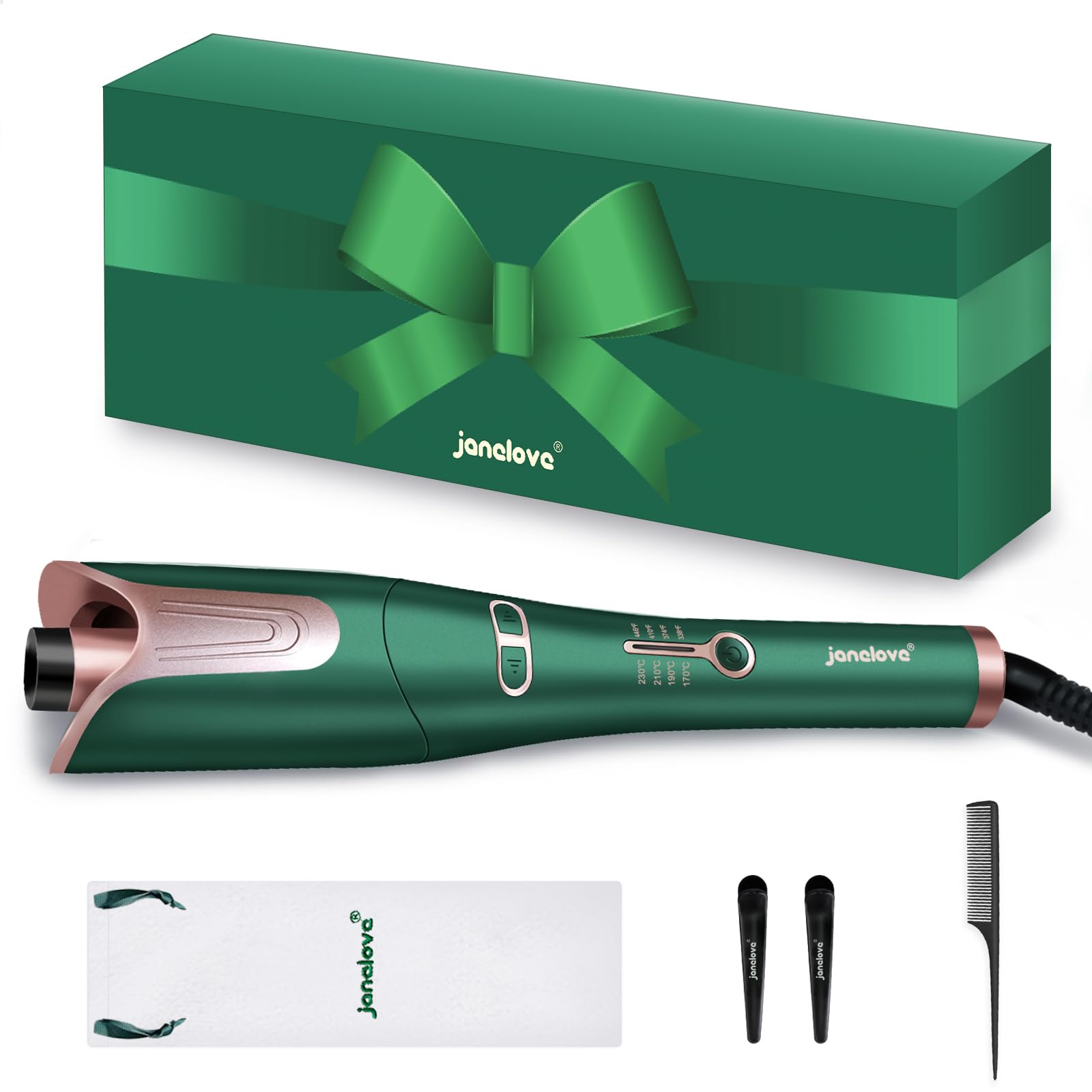 janelove Boucleur Automatique - 25mm Fer a Boucler Cheveux avec 4 Températures Réglable, Fer à Friser Automatique Ceramic Curling Iron pour Long Cheveux - Vert
