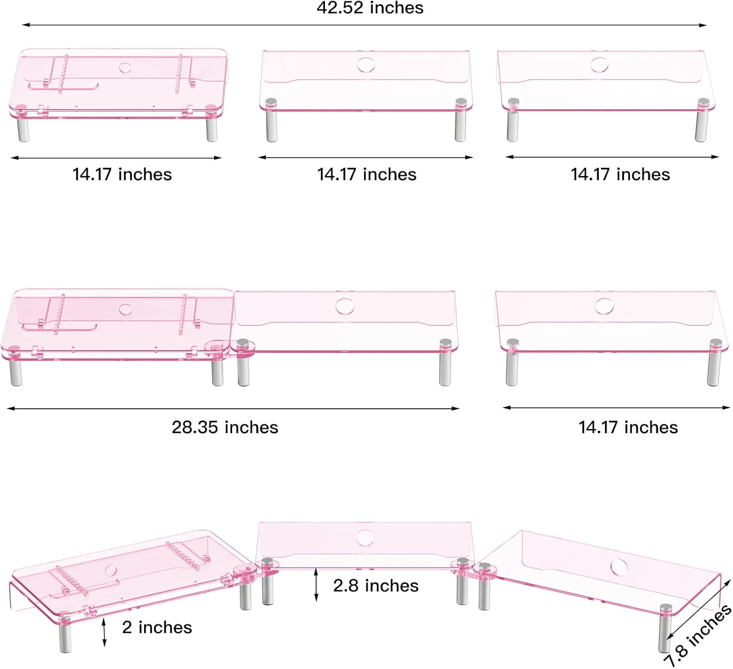 RQUOIRE Ergonomic Pink Acrylic Dual Monitor Stand with Adjustable Laptop Riser, Compatible with Desktop, Printer, TV and More Devices,monitor riser holder suitable for 2 monitors