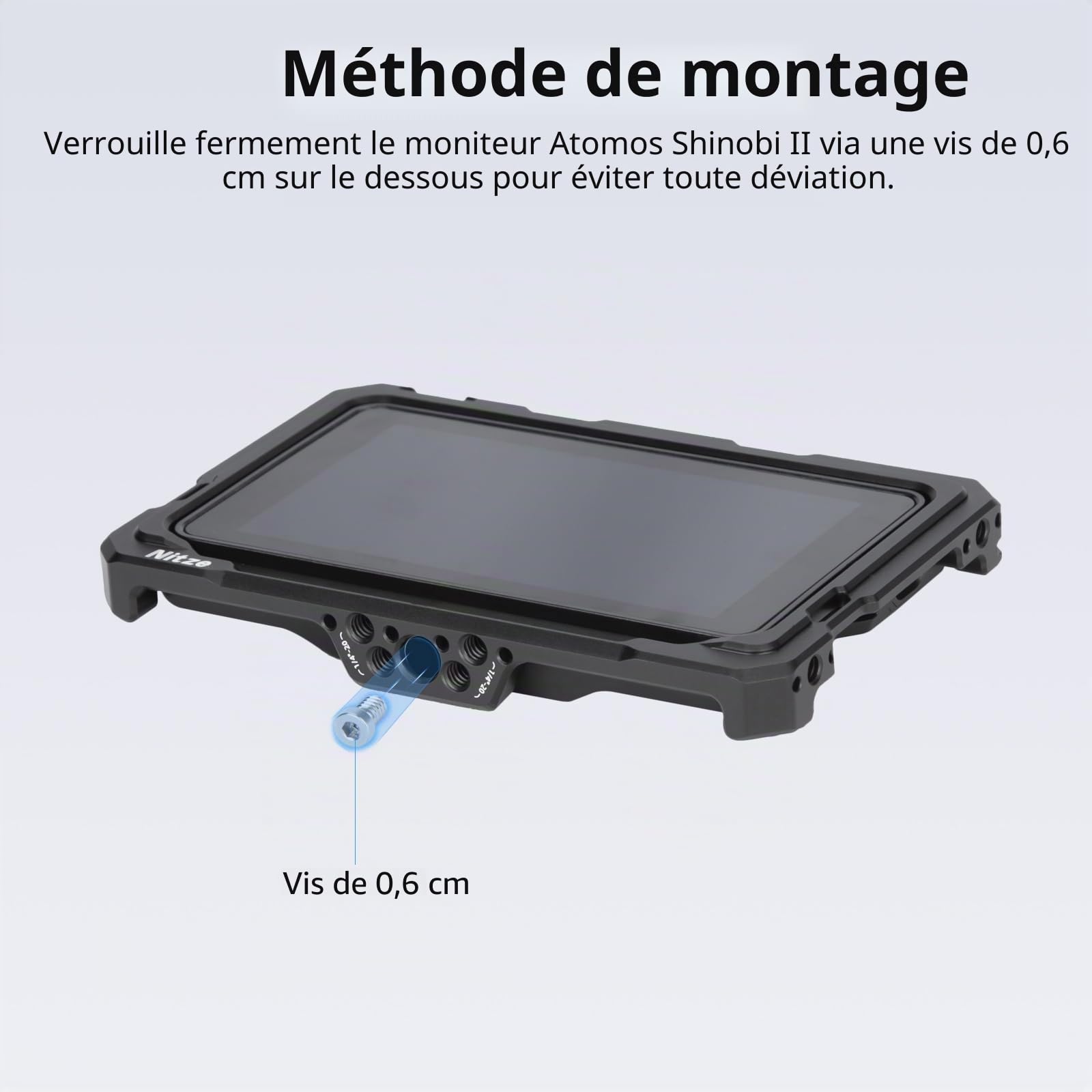 Nitze Shinobi 2 Cage, Cage pour Moniteur Atomos Shinobi II avec Cold Shoe Intégrée, NATO Rail et Pare-Soleil en Cuir PU - JT-A06B