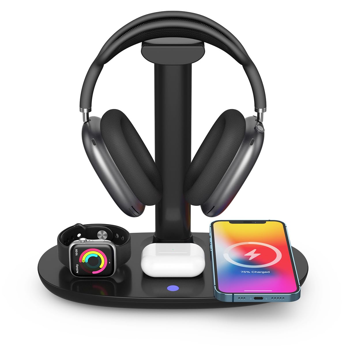 Stazione di Ricarica Wireless 4 in 1 con Supporto per Cuffie per Smartphone, Orologi Intelligenti, Cuffie Wireless