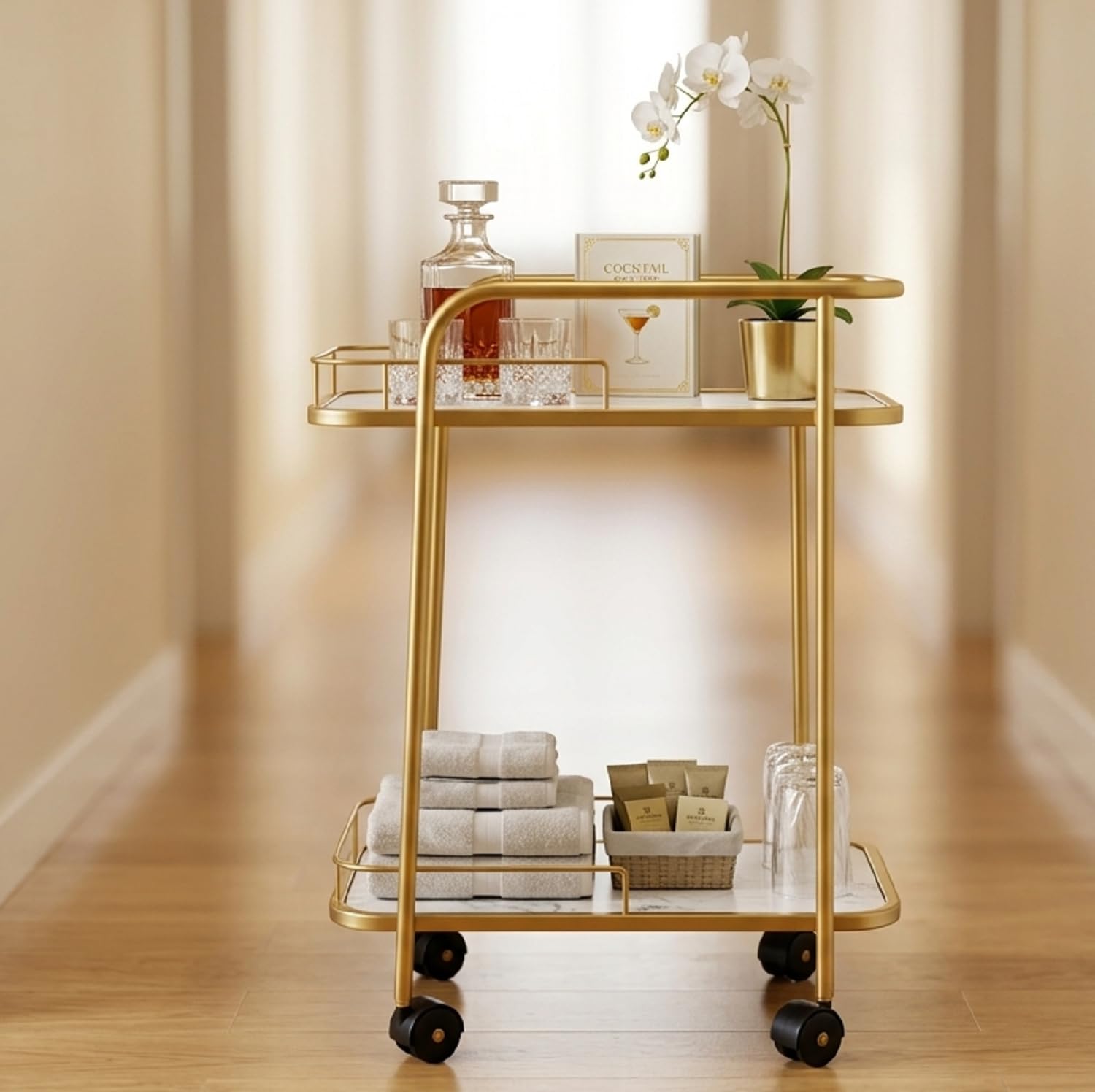 Kitchen Trolley with Wheels Bar Cart Rolling Serving Rack Drink Wine Beverage Glass Bottle Storage Organizer Mobile Utility Stand for Home Dining Room Pantry Hotel Party Service -Gold-White-image-2