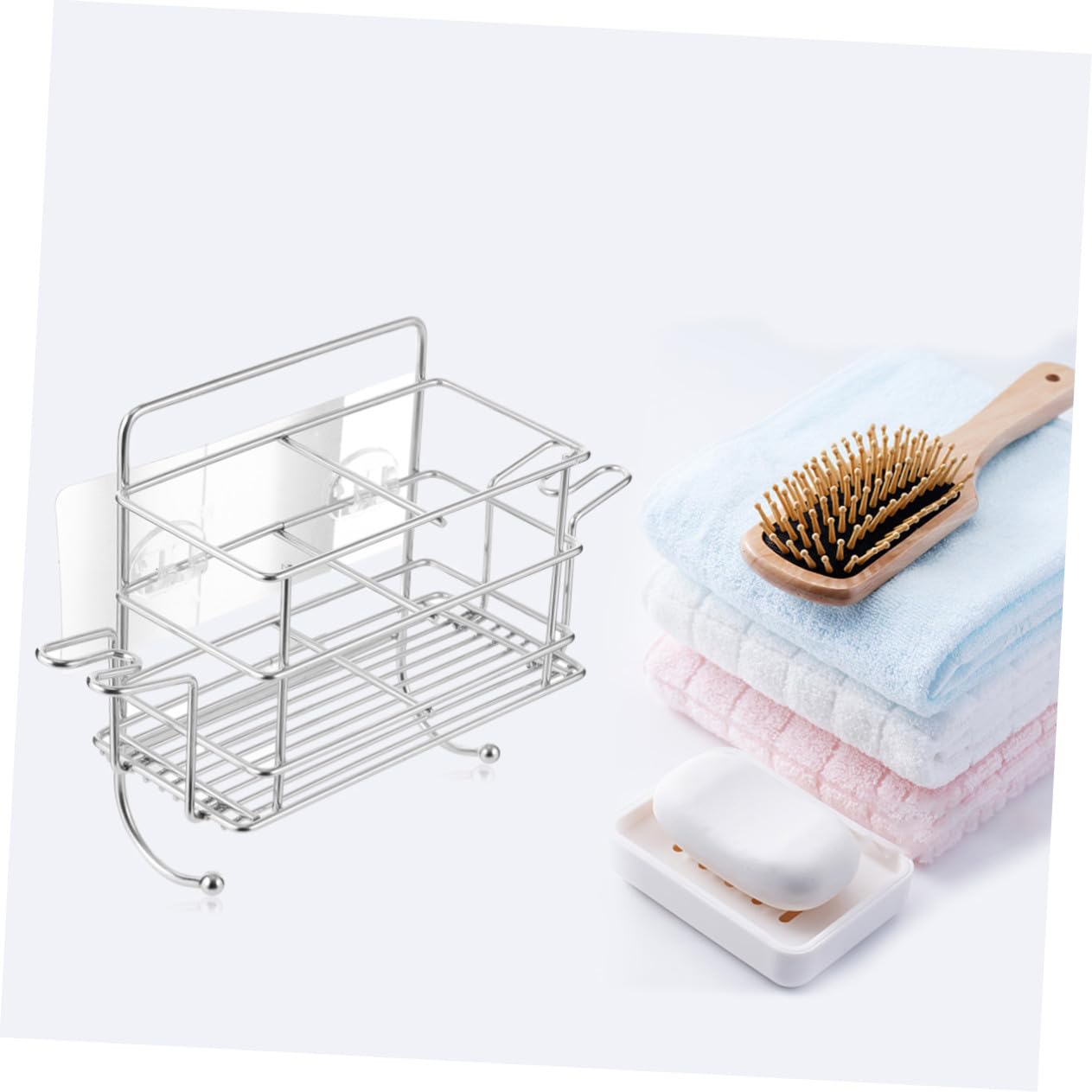 Estante de Ducha para Colgar Diseño sin Perforaciones en Acero Inoxidable Plata, Organizador para Baño Soporte para Cepillos y Capacidad para 2 Tazas