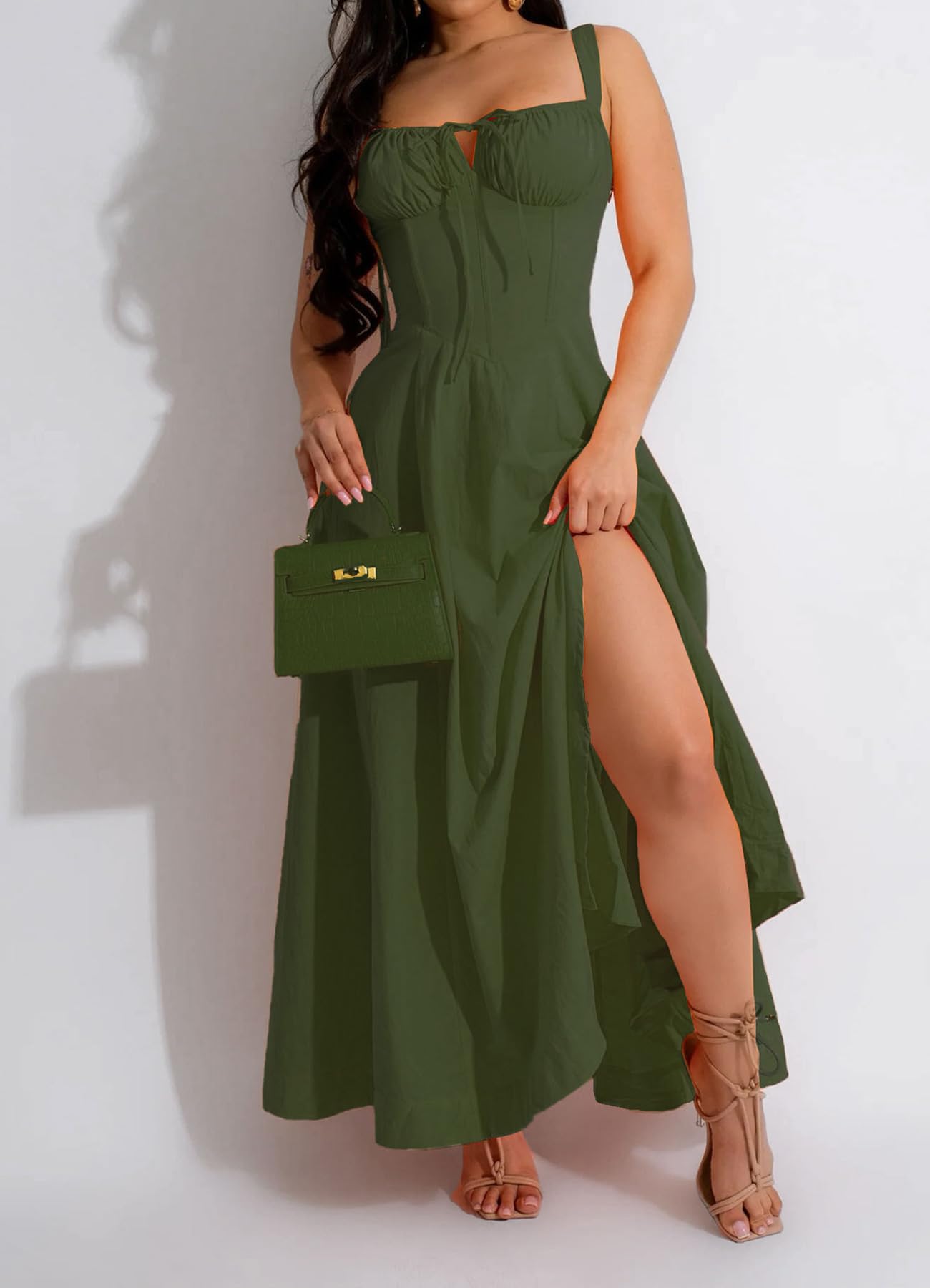 Women Casual Corset Dress Sleeveless Lace Up Ruched Bodycon Split Tie Square Neck A Line Boho Flowy Maxi Sundress: Medium Green