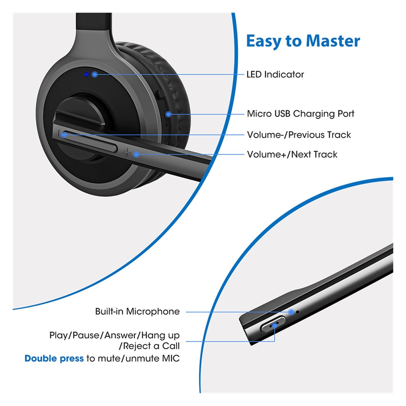 Telefono Het Cuffie Bluetooth 5.0 con microfono Base di ricarica Wireless Het for PC Laptop Call Center Office 18H Talking Time Office Phone Het (Color : Black with Silver Size : U) little surprise