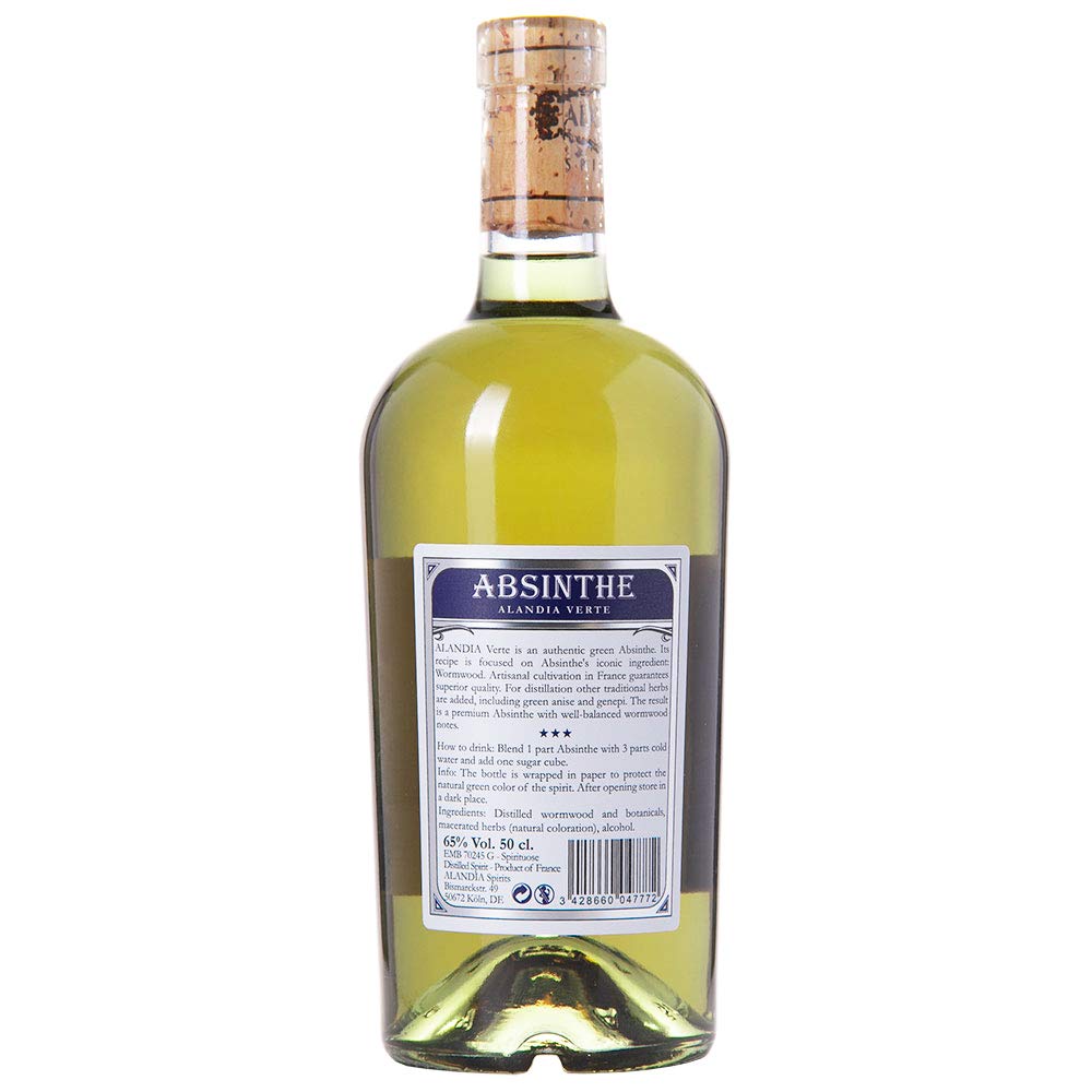 Absinth Set ALANDIA Verte | Mit Goldmedaille prämiert | Traditionelles 19. Jh. Rezept | 2x Gläser 2x Löffel 1x Zucker | (1x 0,5 l)
