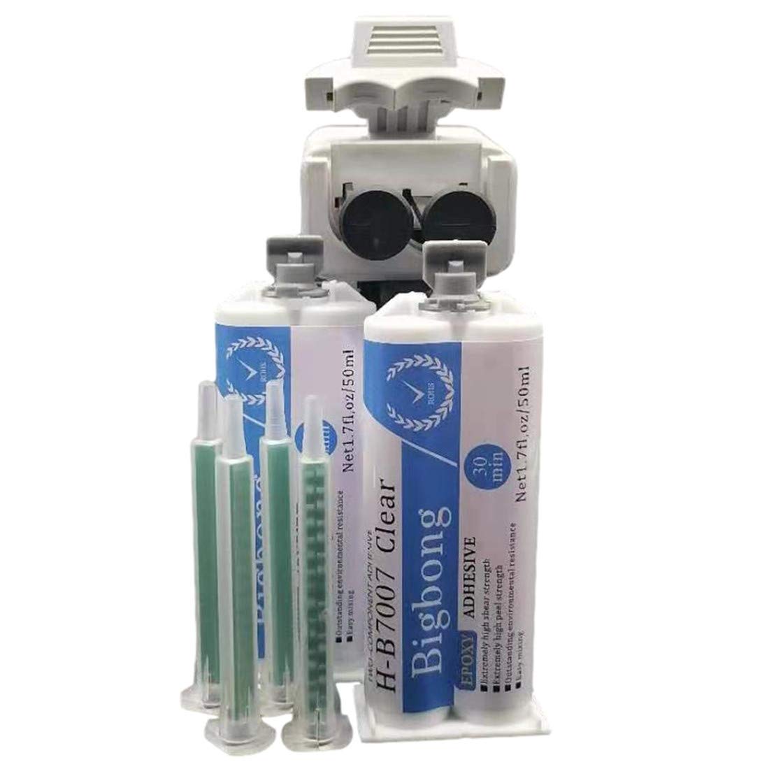 Bigbong Epoxy Adhesive Dispenser Gun + 4pcs Static Mixing Epoxy Nozzles Mixed + 2Pcs 50ml Adhesive Two Part Epoxys Glue 30 Minute Quik-Cure for Stone Tile Wood to Marble Metal Filled Adhesives